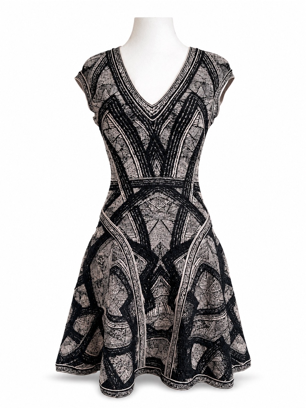 Hervé Léger Giada Jacquard Knit Fit & Flare Dress XS Black Nude
